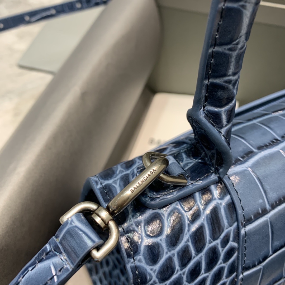 Balenciaga Hourglass Small Handbag Crocodile Embossed Shoulder Bag Gray Blue